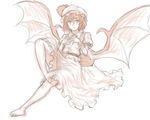  barefoot bat_wings blush dress feet hat hat_ribbon highres kuro_suto_sukii limited_palette looking_at_viewer mob_cap monochrome puffy_short_sleeves puffy_sleeves remilia_scarlet ribbon sash short_sleeves soles solo toe_scrunch toenails toes touhou white_dress wings wrist_cuffs 