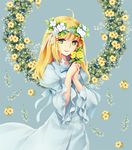  ahoge artoria_pendragon_(all) blonde_hair blue_dress dress fate/stay_night fate_(series) flower green_eyes hair_down head_wreath long_hair looking_at_viewer puffy_sleeves ribbon saber shiny shiny_hair smile solo wide_sleeves wreath yeruen 