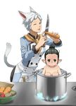  1boy 1girl 2girls animal_ears black_hair brown_eyes cat_ears cat_tail cooking final_fantasy final_fantasy_xiv green_eyes grey_hair highres imdsound in_container knife lalafell miqo&#039;te miqo'te multiple_girls nude one_eye_closed pointy_ears pot short_hair tail 