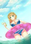  absurdres ass_visible_through_thighs bikini blonde_hair breasts cleavage cloud collarbone cup day drink drinking_glass ellen_baker green_eyes highres huge_breasts innertube long_hair navel new_horizon outdoors ponytail qilu_xunhua see-through sky smile solo swimsuit wading water wet 