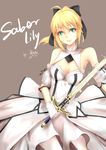  2015 absurdres ahoge aka_(hwdllht) artist_name artoria_pendragon_(all) blonde_hair breasts caliburn character_name cleavage dated detached_sleeves dress fate/stay_night fate/unlimited_codes fate_(series) gloves green_eyes highres medium_breasts saber saber_lily smile solo sword weapon 