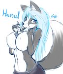  2016 anthro big_breasts black_nose blue_eyes blue_hair breast_squish breasts canine clothed clothing english_text female fur grey_fur hair hanul hi_res huge_breasts long_hair mammal nipples signature simple_background smile solo tailzkim text topless white_background white_fur wolf 