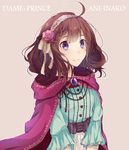  ahoge ani_inako blue_eyes brooch brown_hair cape character_name copyright_name dame_x_prince flower hair_flower hair_ornament headdress hood hood_down jewelry nanahi_tsubaki short_hair smile solo 