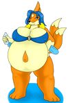  3_toes 5_toes alpha_channel anthro belly big_belly big_breasts black_nose blue_eyes blue_hair bottle breasts clothing day-tripper-guy female floatzel hair looking_at_viewer mammal mustelid nintendo orange_skin otter overweight pok&eacute;mon simple_background smile solo teeth toes transparent_background underwear video_games 