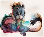  abstract_background blue_fur breasts canine carina_(crimsonleonore) claws dickgirl digitigrade fur intersex knot mammal red_eyes requiembeatz scales scalie solo traditional_media_(artwork) watercolor_(artwork) 