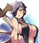  black_swimsuit blush breasts brown_eyes eyepatch granblue_fantasy knife large_breasts looking_at_viewer mochi_(bokkuri) open_mouth short_hair silver_hair slingshot_swimsuit solo swimsuit tanya_(granblue_fantasy) 