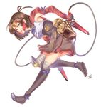  :d bandaged_leg bandages boots brown_hair dual_wielding full_body gloves gun helmet highres holding holding_gun holding_weapon koutetsujou_no_kabaneri looking_at_viewer mumei_(kabaneri) open_mouth orange_eyes shao_(newton) short_hair simple_background smile solo steampunk tank_(container) teeth thigh_boots thighhighs weapon white_background 