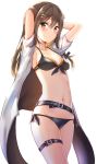  1girl absurdres armpits arms_up bangs belt belt_buckle bikini black_bikini blush breasts brown_eyes brown_hair buckle cleavage coat collarbone commentary cowboy_shot front-tie_bikini front-tie_top girls_frontline groin hair_between_eyes hair_ornament hairclip half_updo hands_in_hair highres k-2_(girls_frontline) leg_belt long_hair looking_at_viewer navel open_clothes open_coat short_sleeves side-tie_bikini sidelocks simple_background small_breasts solo stomach sunhyun swimsuit white_background white_coat 