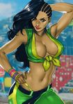  armpits asymmetrical_hair black_hair bracelet breasts brown_eyes cleavage cornrows crop_top dark_skin djok3 front-tie_top hand_on_hip jewelry large_breasts laura_matsuda lips long_hair midriff navel smile solo street_fighter street_fighter_v wavy_hair 