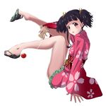  arm_support bad_feet barefoot black_hair blush floral_print full_body hair_ribbon japanese_clothes kendama kimono koutetsujou_no_kabaneri legs legs_up long_sleeves looking_at_viewer mumei_(kabaneri) nekota_susumu obi plantar_flexion red_eyes ribbon sandals sash shoe_dangle short_hair short_kimono simple_background sleeves_past_wrists solo twintails wide_sleeves 