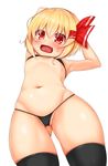  :d armpits arms_behind_head belly bikini blush fang flat_chest hair_ribbon highres hips lips looking_at_viewer micro_bikini navel open_mouth petite red_eyes ribbon rumia short_hair smile solo stomach swimsuit thighhighs thighs tokoya_(ex-hetare) touhou 