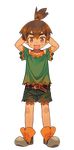  belt blade_(galaxist) blush brown_eyes brown_hair dwarf dwarf_boy_(pop-up_story) eyebrows fang full_body highres male_focus official_art pointy_ears pop-up_story shorts smile solo topknot transparent_background 