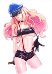  1girl artist_request bare_legs bare_shoulders black_gloves blonde_hair blue_eyes breasts collar female gloves hat large_breasts legs lips long_hair looking_at_viewer macross macross_frontier midriff navel peaked_cap pixiv_manga_sample revealing_clothes s_tanly sheryl_nome short_shorts shorts sidelocks simple_background solo strapless suspenders tubetop underboob 