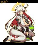  black_gloves blonde_hair breasts dr._omonemushi gloves guilty_gear guilty_gear_xrd halo highres jack-o'_valentine large_breasts long_hair pink_eyes red_hair seiza sitting smile solo thighs 