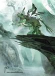  3_fingers anthro fog green_theme jason_felix landscape low-angle_view magic_the_gathering monster multi_eye official_art roaring signature standing swamp teeth 