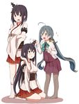  3girls ahoge black_hair blue_hair blush bow bowtie breasts commentary_request crossed_arms detached_sleeves dress fusou_(kantai_collection) grey_eyes grey_hair hair_between_eyes hair_ornament highres kantai_collection kiyoshimo_(kantai_collection) large_breasts long_hair low_twintails multicolored_hair multiple_girls nontraditional_miko obi open_mouth pantyhose pleated_skirt red_eyes riz_(ravel_dc) sash seiza shirt short_hair sitting skirt sleeveless sleeveless_dress socks sparkle standing sweatdrop twintails very_long_hair white_shirt wide_sleeves yamashiro_(kantai_collection) 