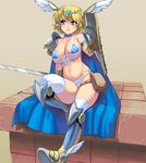  armor bikini_armor boots breasts cape choker cleavage collarbone fantasy front-tie_top gauntlets hair_ornament head_wings highres knee_boots large_breasts masao metal_boots original parted_lips shield short_hair shoulder_armor sitting solo thigh_pouch thighhighs thighs underboob white_legwear 