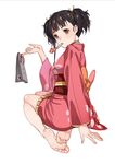  bare_legs barefoot black_hair brown_eyes brown_hair feet floral_print geta haijin hair_ribbon holding holding_shoes japanese_clothes kimono koutetsujou_no_kabaneri mumei_(kabaneri) obi party_horn plantar_flexion ribbon sandals sash shoes shoes_removed short_hair soles solo twintails 