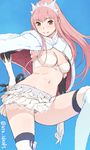  arm_at_side bangs bikini_top black_panties blue_background blunt_bangs blush boots breasts cape closed_mouth eyebrows eyebrows_visible_through_hair fate/grand_order fate_(series) fur_boots fur_trim gloves hand_on_hip holding knee_boots long_hair looking_at_viewer medb_(fate)_(all) medb_(fate/grand_order) medium_breasts midriff miniskirt navel panties pantyshot pink_hair pleated_skirt simple_background skirt smile solo standing stomach tiara twitter_username underwear upskirt utu_(ldnsft) white_footwear white_gloves white_legwear white_skirt yellow_eyes 