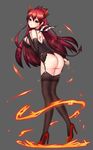  1girl artist_request ass bare_shoulders black_sclera blazing_heart_(elsword) blush breasts bridal_gauntlets choker crystal demon_girl demon_horns demon_tail demon_wings earrings elesis_(elsword) elsword fire from_behind garter_belt high_heels horns jewelry large_breasts leotard long_hair looking_at_viewer looking_back nail_polish red_eyes red_hair shiny shiny_hair shiny_skin sideboob solo tail thighhighs thong thong_leotard wings 