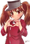  bangs blush brown_eyes brown_hair dated embarrassed heart heart_hands highres japanese_clothes kantai_collection kariginu looking_at_viewer magatama ryuujou_(kantai_collection) signature simple_background solo twintails visor_cap white_background yumi_yumi 