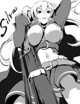  ahoge belt between_breasts breasts character_name cropped_jacket from_below granblue_fantasy greyscale gun large_breasts long_hair long_sleeves miniskirt mochi_(bokkuri) monochrome navel open_mouth panties pantyshot silva_(granblue_fantasy) simple_background skirt solo strap strap_cleavage underwear weapon white_background 