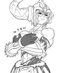  abs armor blush breasts cleavage covering covering_breasts gloves greyscale helmet highres horn huge_breasts league_of_legends monochrome muscle muscular_female ranger_squirrel sejuani short_hair solo torn_clothes translation_request 