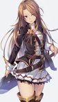  boots brown_eyes brown_hair granblue_fantasy highres katalina_aryze long_hair metindone pleated_skirt skirt solo sword thigh_boots thighhighs very_long_hair weapon white_skirt 