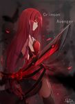  bai_qi-qsr black_legwear cape crimson_avenger_(elsword) elbow_gloves elesis_(elsword) elsword from_behind gloves glowing glowing_eyes leotard long_hair looking_back low_ponytail pantyhose red_eyes red_hair red_leotard solo thighhighs very_long_hair waist_cape 