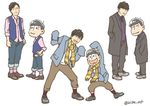  ;) brothers brown_hair coat fukuyama_jun hands_in_pockets hands_on_hips heart heart_in_mouth irino_miyu kyou_(biske_ao) male_focus matching_outfit matsuno_ichimatsu matsuno_juushimatsu matsuno_todomatsu multiple_boys one_eye_closed ono_daisuke osomatsu-kun osomatsu-san overcoat pants pants_rolled_up pink_shirt real_life real_life_insert scarf seiyuu shirt siblings simple_background sleeves_past_wrists smile twitter_username vest white_background 
