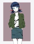  absurdres alternate_costume aoi_(ao1yui) blue_eyes blue_hair blush denim denim_skirt earrings green_jacket hands_in_pockets highres jacket jewelry marinette_dupain-cheng miraculous_ladybug open_clothes open_jacket skirt solo twintails 