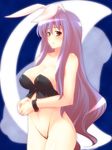  animal_ears bare_shoulders blush breasts bunny_ears bustier cleavage covered_nipples hands_together highres jpeg_artifacts large_breasts long_hair looking_at_viewer lowleg navel open_mouth pubic_hair purple_hair red_eyes reisen_udongein_inaba simple_background solo touhou tro very_long_hair wrist_cuffs 