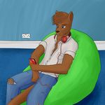  absurd_res bean_bag blue_eyes brown_fur button_up carpet clothing felix_friesinger fur hair headphones hi_res inside jeans mammal mustelid otter pants phone shirt sitting torn_clothing torn_jeans torn_pants zacattackk 