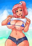  bikini bikini_top blush breasts brown_eyes cleavage commentary_request cutoffs dead_or_alive dead_or_alive_5 denim denim_shorts hair_ornament highres honoka_(doa) large_breasts long_hair looking_at_viewer micro_bikini midriff navel one_side_up pink_hair ryoi shirt_tan short_shorts shorts shorts_tan side_ponytail smile solo swimsuit tan tanline unzipped wet 