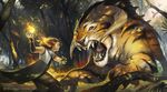  ambiguous_gender chandra_nalaar charging feline female feral fight fire forest horn human landscape magic_the_gathering magic_user mammal official_art planeswalker snarling tiger tree victor_adame_minguez young 