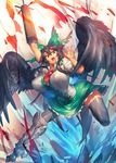  :d black_hair black_legwear breasts fang feathered_wings highres large_breasts long_hair looking_at_viewer melon22 open_mouth red_eyes reiuji_utsuho smile solo teeth thighhighs touhou w wings 