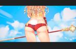  ass blonde_hair blue_sky bunny_tail cameltoe close-up cloud crop_top cross-laced_clothes curly_hair day ehrrr elin_(tera) from_behind gloves highres letterboxed long_hair red_gloves red_shorts short_shorts shorts skindentation sky solo staff tail tera_online 