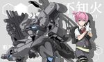  adjusting_clothes adjusting_gloves background_text bad_id bad_pixiv_id blue_eyes commentary_request copyright_name crossover glaring gloves grey_skirt gun hair_ornament kantai_collection machinery mecha mototaro muvluv namesake pink_hair pleated_skirt red_ribbon ribbon school_uniform shiranui_(kantai_collection) short_hair short_sleeves skirt sword type_94_shiranui weapon white_gloves 