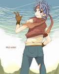  ahoge belt blue_hair brown_eyes coat denim gloves headband jeans lowres male_focus pants red_vest rody_roughnight shirt smile solo vest wild_arms wild_arms_1 
