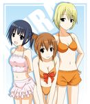  3girls aiura amaya_kanaka argyle argyle_bikini bikini bikini_shorts blonde_hair blue_eyes blue_hair bow_bra breasts brown_eyes brown_hair cleavage front-tie_bikini front-tie_top iwasawa_saki kk-sk-ray large_breasts multiple_girls navel open_mouth orange_bikini pink_bikini short_hair side_bun smile striped_bikini swimsuit uehara_ayuko yellow_eyes 