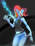  2016 anthro belt black_background black_eyes blue_skin claws clothed clothing energy english_text eye_patch eyewear female fin fish flat_chested gills grey_background hair hi_res long_hair marine melee_weapon open_mouth pants polearm red_hair sharp_teeth shirt signature simple_background smile spear tank_top teeth text tsampikos undertale undyne video_games weapon yellow-sclera 