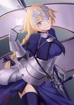  armor blonde_hair blue_ribbon braid breasts bug butterfly fate/apocrypha fate_(series) fleur_de_lis headgear insect jeanne_d'arc_(fate) jeanne_d'arc_(fate)_(all) large_breasts long_hair purple_eyes ribbon single_braid smile solo standard_bearer sword thealagator thighhighs thighs weapon 