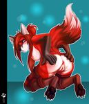  2015 anthro anus bdsm blue_eyes bondage bound breasts butt canine claws feet female fox frogtied fur hair hi_res legs_tied long_hair looking_away mammal nipples nude paws presenting pussy red_fur red_hair simple_background sitting solo spread_butt spreading whiteabigail 