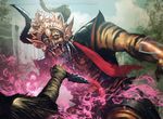  ambiguous_gender anthro claws cliff dagger demon disembodied_hand duo feline front_view headgear holding_object holding_weapon horn looking_at_viewer magic_the_gathering mammal melee_weapon official_art rakshasa sharp_teeth silex smoke snarling solo_focus teeth tomasz_jedruszek weapon whiskers 