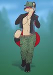  2015 ammunition anthro barefoot belt breasts brown_eyes camo canine chest_tuft clothed clothing female fox fur hat looking_at_viewer mammal navel pinup pose red_fur scarlet_darkpaw solo standing tan_fur topless tuft vader-san 
