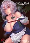  apron areolae bdsm blue_dress bondage bound braid breasts breasts_outside clenched_teeth cover cover_page dress hair_between_eyes hair_ribbon highres izayoi_sakuya large_areolae large_breasts lips looking_at_viewer maid nipples pondeomaru red_eyes ribbon rope short_dress short_hair silver_hair skindentation solo teeth touhou tress_ribbon twin_braids waist_apron 