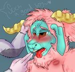  anthro blush caprine dialogue drooling fingers goat hair horn invalid_color licking male mammal open_mouth romantic_couple saliva simple_background submissive text tongue tongue_out 