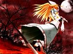  artist_request blonde_hair blood copyright_request full_moon highres looking_back moon night orange_eyes red_background red_sky skirt sky source_request wallpaper watermark 