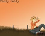  artist_request blonde_hair brown_eyes clenched_teeth denim evening fence flcl full_body haruhara_haruko jeans long_sleeves navel open_mouth pants short_hair simple_background solo spiked_hair stomach sunlight teeth wallpaper 