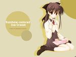  blazer brown_eyes brown_footwear brown_hair brown_legwear buttons copyright_request full_body jacket loafers long_hair long_sleeves looking_at_viewer nanao_naru shoes simple_background sitting solo wallpaper wariza yellow_background 